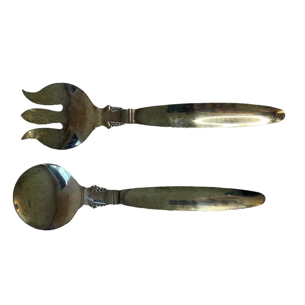 VINTAGE SILVER ON COPPER 12 1/2" SALAD SERVING FORK & SPOON w BEADED LEAF HANDLE